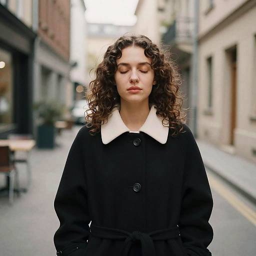 Photograph of a young woman with curly brown hair, closed eyes, wearing a black coat with a white collar, standing in a blurred urban alleyway