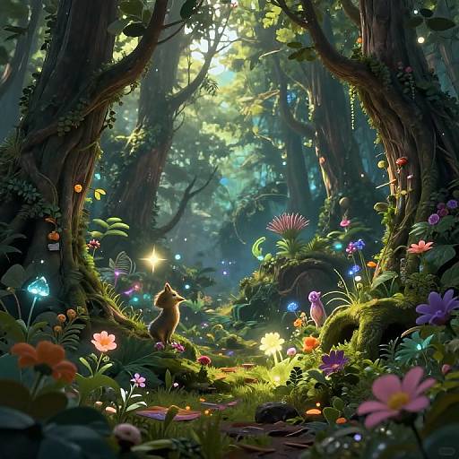 Fantastical forest scene: vibrant flowers, glowing fireflies, and a fox-like creature at the center, surrounded by towering trees and dappled