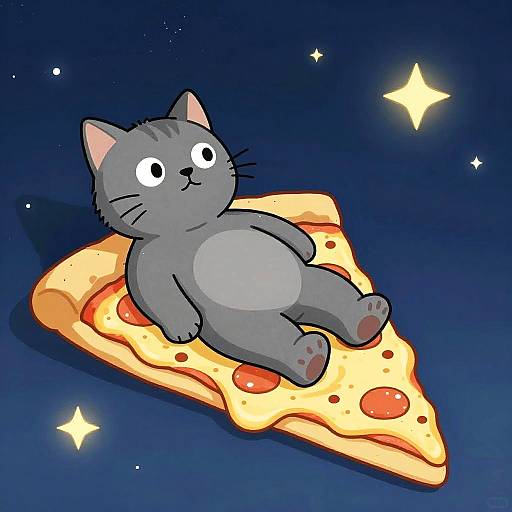 Grey Cat Lounging on Giant Pizza