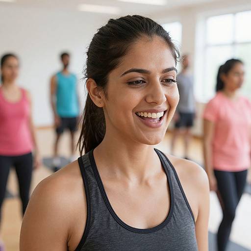 Photograph of a smiling, fit, young woman with brown skin and dark hair in a ponytail, wearing a black tank top, in a bright