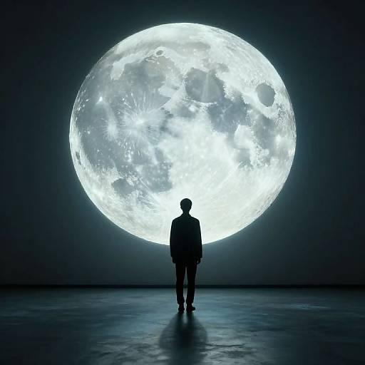 Silhouetted man stands before enormous, glowing full moon in dark, empty room. Digital art with high contrast and ethereal light.