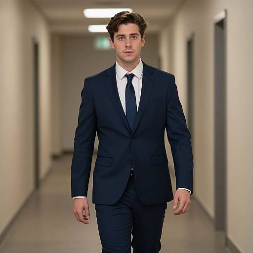 Photograph of a young Caucasian man with short brown hair, wearing a dark navy suit, white shirt, and black tie, walking down a dimly