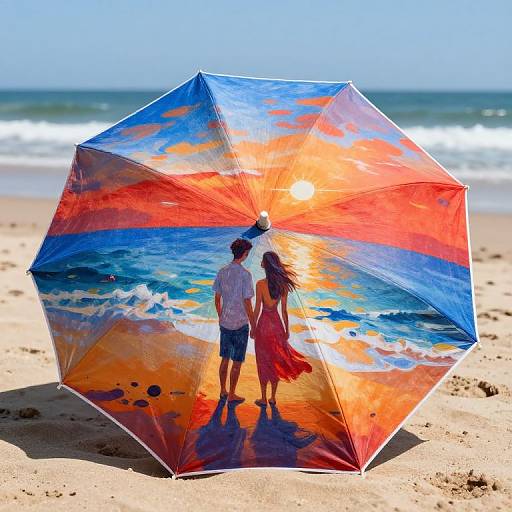 Photograph of a colorful beach umbrella with a sunset ocean scene, featuring a silhouetted couple standing on sandy shore.