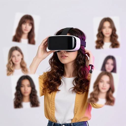 Photograph of a woman with wavy brown hair wearing a VR headset, yellow cardigan, and white shirt, surrounded by blurred portraits of diverse women