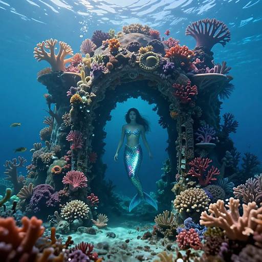 Photograph of a mermaid with a glowing blue tail standing in an underwater coral archway, surrounded by colorful corals and sea creatures, illuminated by