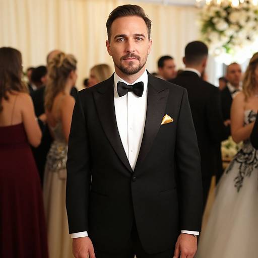 Photograph of a handsome, bearded man in a black tuxedo with a bow tie and pocket square, standing in a blurred, elegant wedding