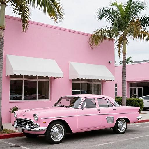Photograph of a pastel pink vintage car parked in front of a pink building with white awnings and palm trees.
