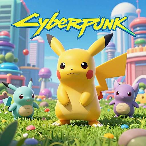 Digital artwork of Pikachu, a yellow, mouse-like Pokémon, standing in grassy field with Bulbasaur and Squirtle, colorful cityscape background