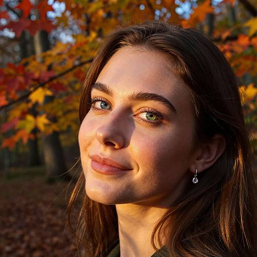 Photograph of a smiling young woman with green eyes, brown hair, and a small earring, bathed in sunlight against a backdrop of autumn leaves