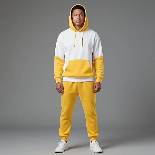 Photograph of a young Black man wearing a white and yellow hoodie with a yellow hood, yellow pants, and white sneakers, standing against a plain gray