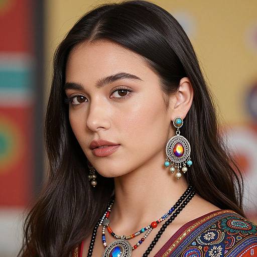 Photograph of an Indian woman with long black hair, wearing colorful traditional jewelry and intricate patterned clothing, against a blurred yellow and red background.