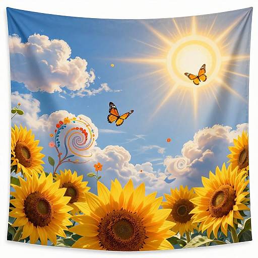 Vibrant digital artwork of sunlit sky with yellow sunflowers, two orange butterflies, fluffy clouds, and bright sun radiating beams.