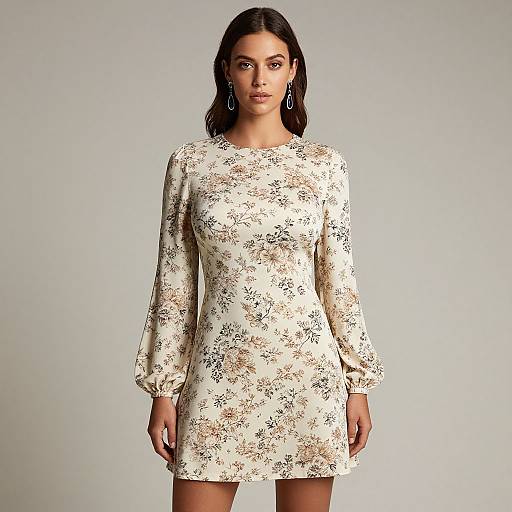 Photograph of a woman with medium brown skin, dark hair, and brown eyes, wearing a long-sleeve, cream floral dress, standing against