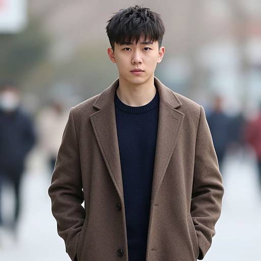 Photograph of an East Asian young man with black hair, wearing a brown wool coat over a black sweater, standing in a blurred urban street background.