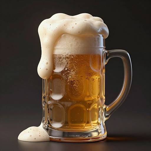 Photograph of a frothy, amber beer mug with a thick, foamy head, set against a dark background. The glass is clear, with