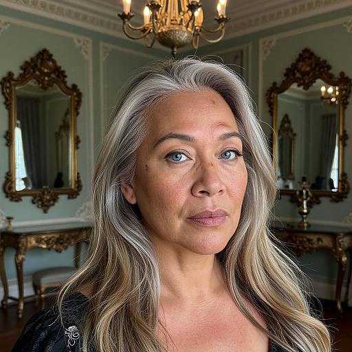 Photograph of a mature woman with long, wavy gray hair, blue eyes, and light skin, standing in an ornate, vintage room with