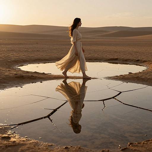 Photograph of a woman in a flowing white dress walking across a reflective puddle in a desert at sunset.