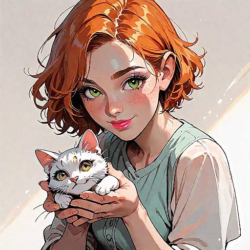 Digital anime-style drawing of a red-haired girl with green eyes, holding a white cat with yellow eyes, wearing a teal sleeveless top.