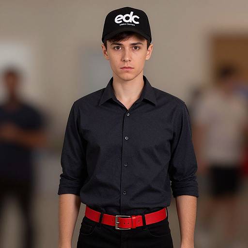 Photograph of a young man with light skin, dark hair, wearing a black shirt, black cap with 