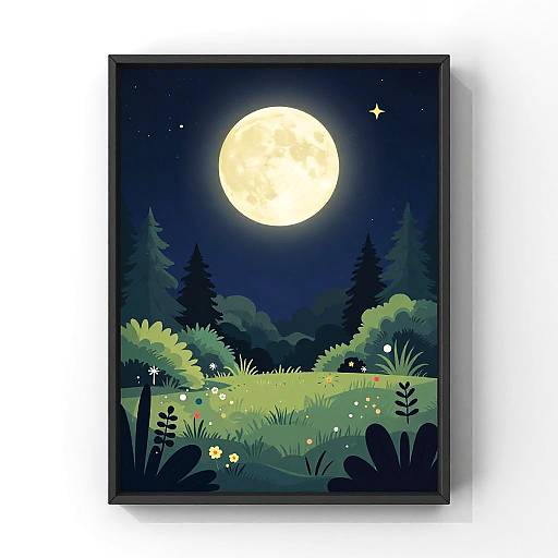 Digital illustration of a night forest scene with a bright full moon, dark blue sky, stars, silhouetted pine trees, and glowing yellow flowers