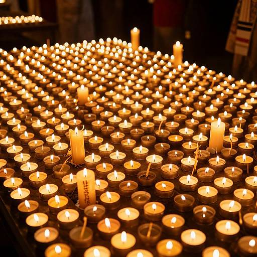Photograph of a dense array of glowing yellow-orange candles in small metal cups, creating a warm, illuminated pattern.