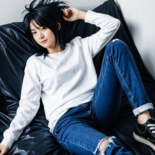 Casual Relaxed Asian Woman in White Shirt and Jeans