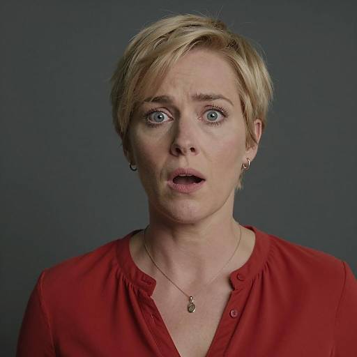 Surprised Blonde Woman in Red Top