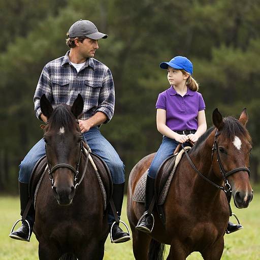 Father and Daughter Riding Horses in Forest