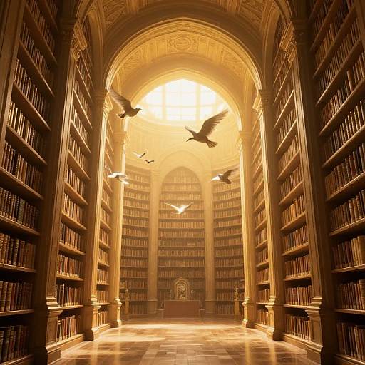 Infinite Golden Library with Ethereal Birds