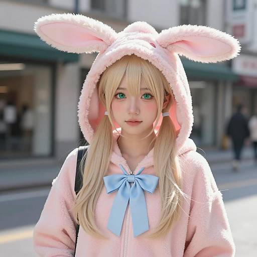 Young Woman in Pink Bunny Hoodie with Blue Bow