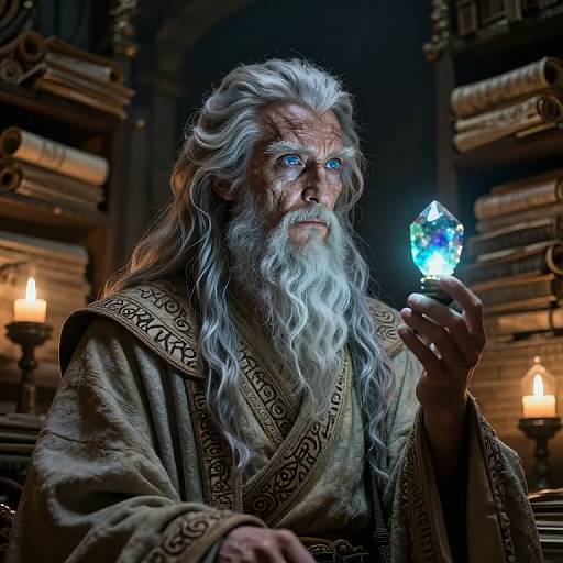 Photorealistic CGI of an elderly, white-bearded wizard with glowing blue eyes, holding a glowing crystal, wearing a detailed, brown robe, in