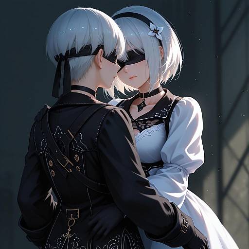 Illustration of 9s (nier:automata), nier (series) in the style of Shimmer