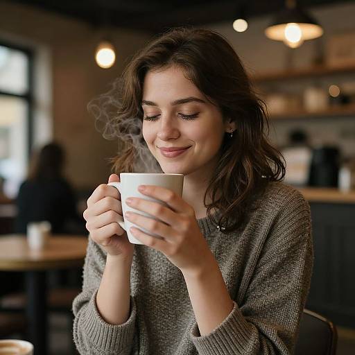 Photograph of a smiling young woman with wavy brown hair, wearing a gray sweater, holding a steaming white cup in a cozy, dimly