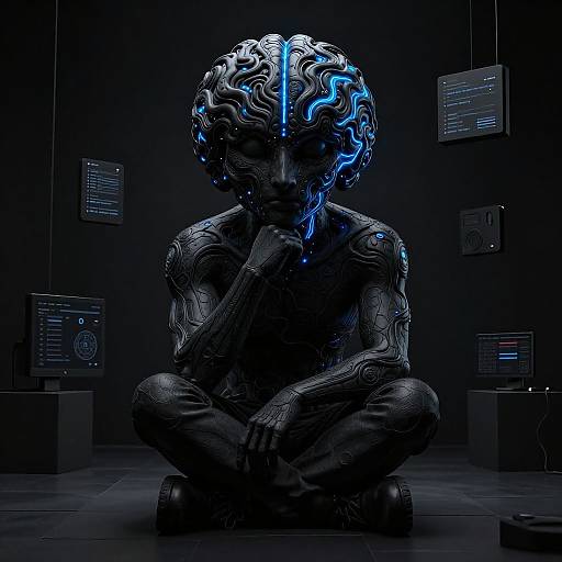Digital art: Cybernetic, black humanoid figure with blue neon brain patterns, sitting cross-legged in dark gallery with glowing panels.