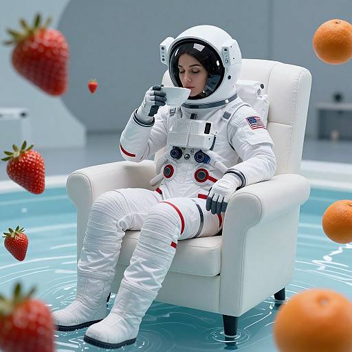 Photorealistic digital art: Astronaut in white suit, American flag patch, sitting in white armchair, drinking tea, surrounded by floating strawberries and