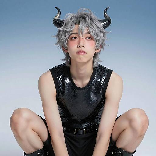 Young Silver-Haired Person Squatting
