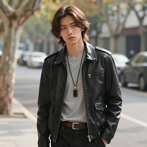 Young Asian Male in Black Leather Jacket Outdoors
