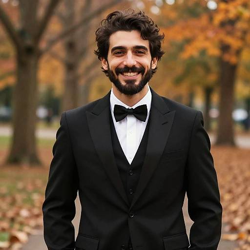 Photograph of a smiling, bearded man with dark curly hair, wearing a black tuxedo, white shirt, and black bow tie, standing