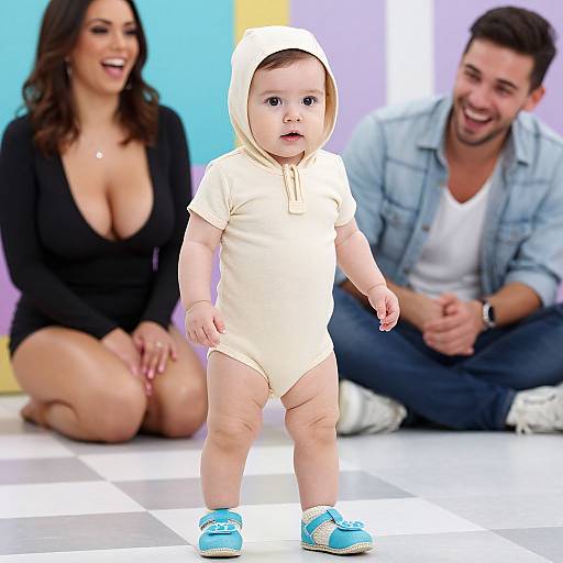 Photograph of a baby in a beige onesie with blue sneakers, standing between smiling adults in casual clothes, on a checkered floor.