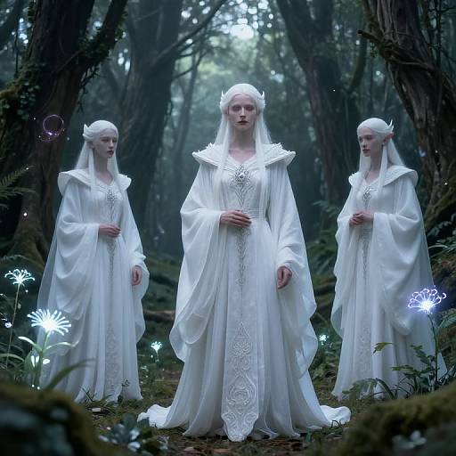 Three ethereal, white-robed, pale-skinned, elf-like women with horned headpieces stand in a mystical, glowing forest, surrounded by