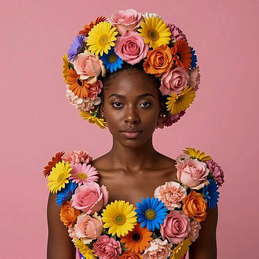 Woman Wearing Vibrant Floral Headpiece and Dress