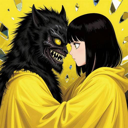 Digital anime-style illustration of a black werewolf with glowing yellow eyes and sharp teeth, nose-to-nose with a black-haired girl in a yellow hood