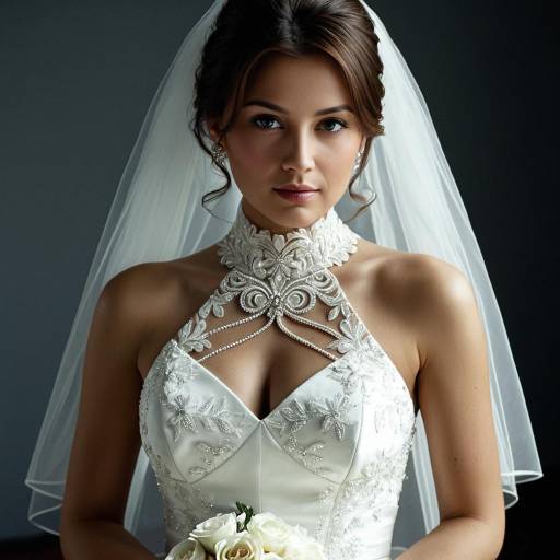 Brunette Bride in High Neck Wedding Dress