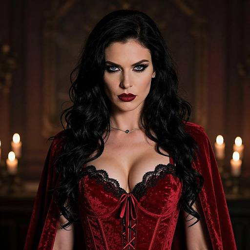 Photograph of a pale-skinned woman with long black wavy hair, striking blue eyes, and deep red lipstick, wearing a revealing red velvet cor