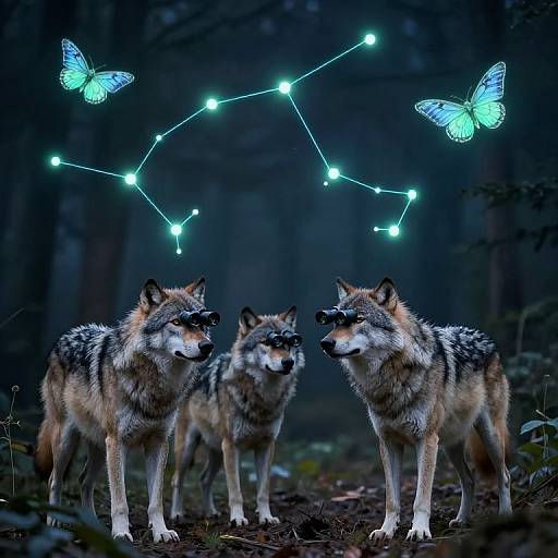 Photograph of three wolves standing in a dark forest at night, with glowing blue butterfly and constellation lights above.