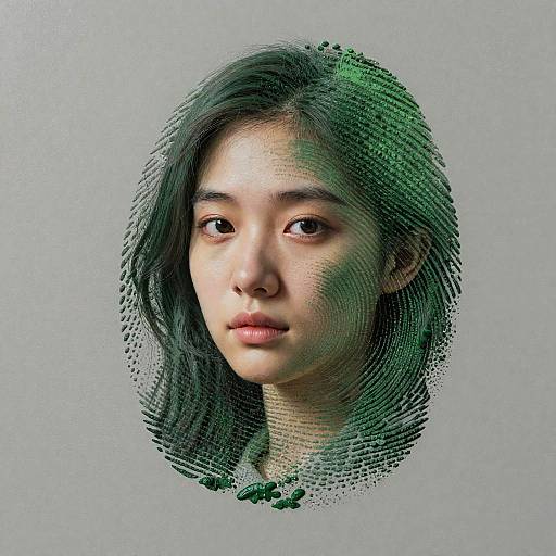 Digital art portrait of an Asian woman with long, green-hued hair, composed of textured, circular patterns on a gray background.