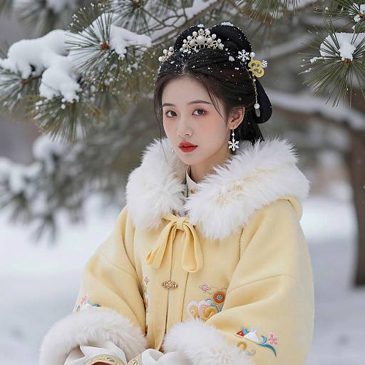Elegant Asian Woman in Winter Scene