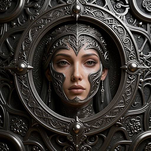 Digital artwork of a woman with intricate, silver, ornate headgear framed in a circular, detailed, metallic design, with dark, patterned background