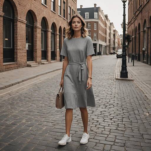 Elegant woman walking on cobblestone street