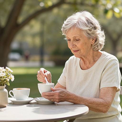 Photograph of an elderly white woman with short gray hair, wearing a white knit shirt, sipping tea from a white cup at an outdoor table in